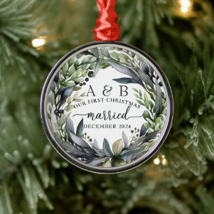 Newlywed First Christmas Personalized  Metal Ornament