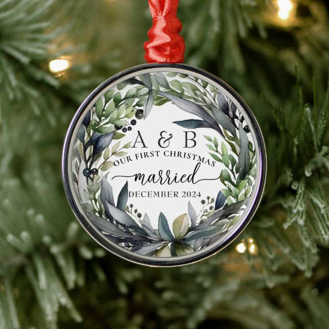 Newlywed First Christmas Personalized  Metal Ornament (Tree)