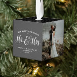 Newlywed first Christmas photo ornament<br><div class="desc">"Our first Christmas as Mr. and Mrs." ornament featuring places for three photos,  plus names and date. Background is a rich charcoal gray along with a houndstooth pattern.</div>