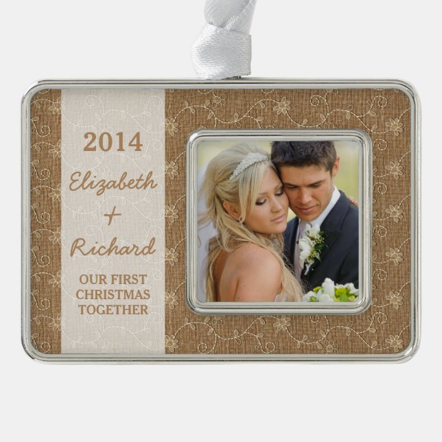Newlywed First Christmas Photo Rustic Burlap Lace Ornament (Front)