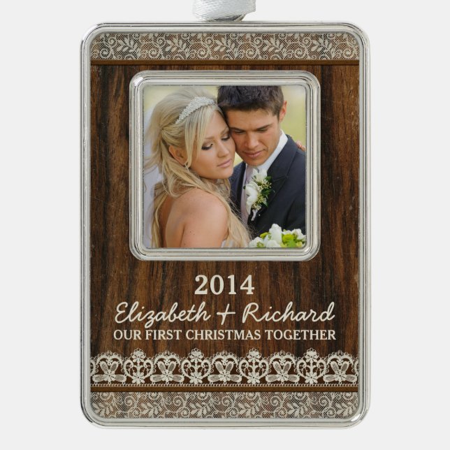 Newlywed First Christmas Photo Rustic Wood Lace Christmas Ornament (Front)