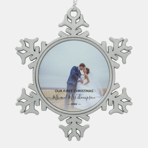 Newlywed First Christmas Photo Signature Script Snowflake Pewter Christmas Ornament