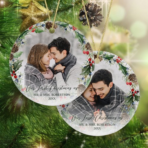 Newlywed First Christmas Photo Wreath Ceramic Ornament