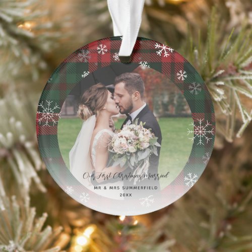 Newlywed First Christmas Plaid Snowflakes Holiday Ornament
