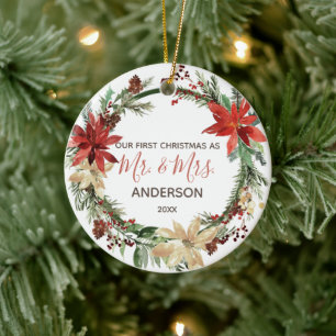 Newlywed First Christmas Vintage Wreath Ceramic Ornament