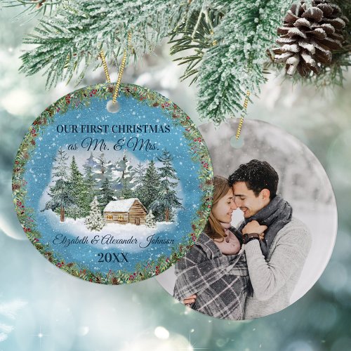 Newlywed First Christmas Winter Woodland Cabin Ceramic Ornament