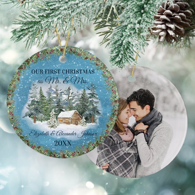Newlywed First Christmas Winter Woodland Cabin Ceramic Ornament (Creator Uploaded)