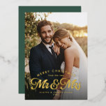 Newlywed first married Christmas green two photo Foil Holiday Card