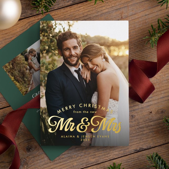 Newlywed first married Christmas green two photo Foil Holiday Card (Creator Uploaded)