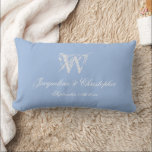 Newlywed Gift Chic Monogram Names Script Keepsake Lumbar Pillow<br><div class="desc">Newlywed Gift Chic Monogram Personalized Bride And Groom Names Simple Elegant Script Soft Dusty Blue And White Keepsake Lumbar Pillow. Stylish personalized soft dusty blue with the palest light gray monogram and white fancy script lettering. printed on the lumbar pillow front and back. Chic classic script for the monogrammed last...</div>