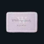 Newlywed Gift Elegant Family Monogram Script Chic  Bath Mat<br><div class="desc">Newlywed Gift Elegant Family Monogram Script Rustic Chic Bath Mat. Personalized white, gray monogram design with newlywed bride and groom's last name and date established on a soft lilac mauve background. A unique gift for newlyweds. Lovely for their new life together. Also a beautiful housewarming gift. Click Personalize this template...</div>