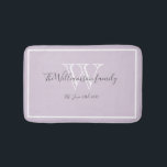 Newlywed Gift Elegant Family Monogram Script Chic  Bath Mat<br><div class="desc">Newlywed Gift Elegant Family Monogram Script Rustic Chic Bath Mat. Personalized white, gray monogram design with newlywed bride and groom's last name and date established on a soft lilac mauve background. A unique gift for newlyweds. Lovely for their new life together. Also a beautiful housewarming gift. Click Personalize this template...</div>