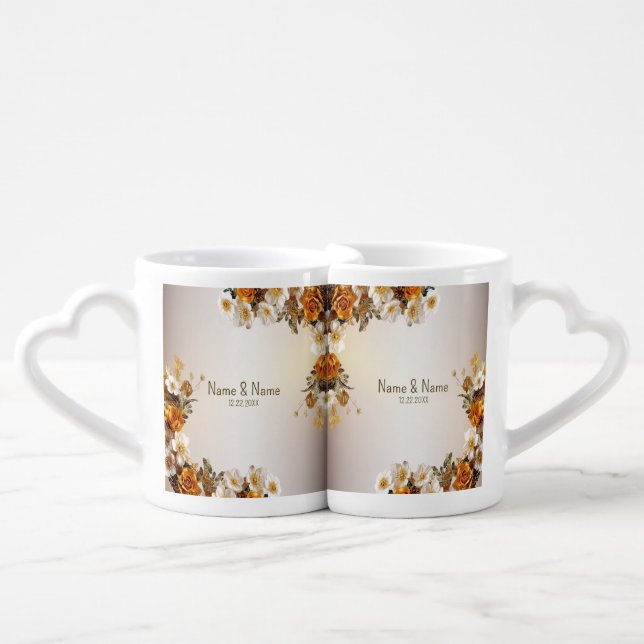 Newlywed Gift Golden Orange White Flowers Coffee Mug Set (Front Nesting)