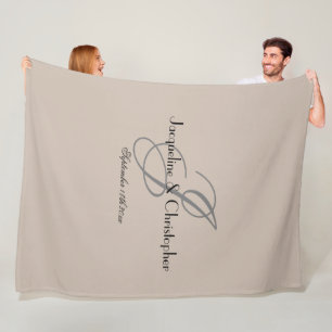 Newlywed Gift Gray Monogram Black Names Warm Beige Fleece Blanket