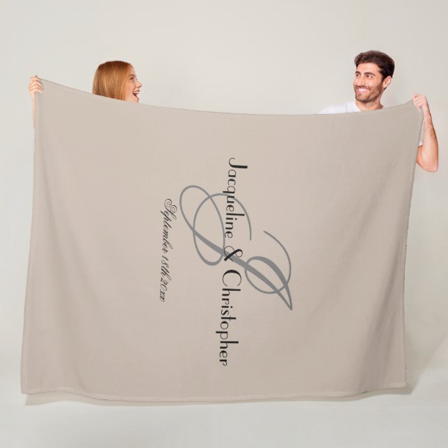 Newlywed Gift Gray Monogram Black Names Warm Beige Fleece Blanket (In Situ)