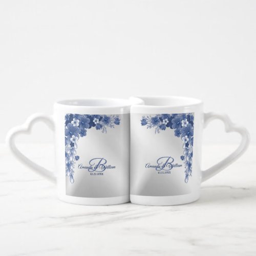 Newlywed Gift Monogram Floral Blue Silver Elegant Coffee Mug Set