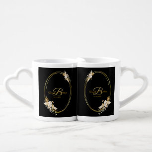 Newlywed Gift Monogram Floral Golden Black Coffee Mug Set