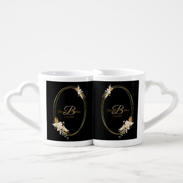 Newlywed Gift Monogram Floral Golden Black Coffee Mug Set (Front Nesting)