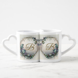 Newlywed Gift Monogram Green Purple Leaves Rustic Coffee Mug Set