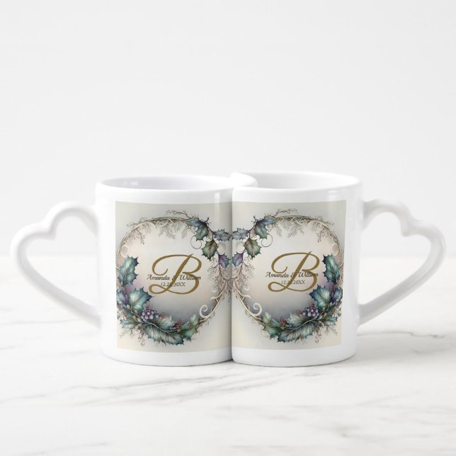 Newlywed Gift Monogram Green Purple Leaves Rustic Coffee Mug Set (Front Nesting)