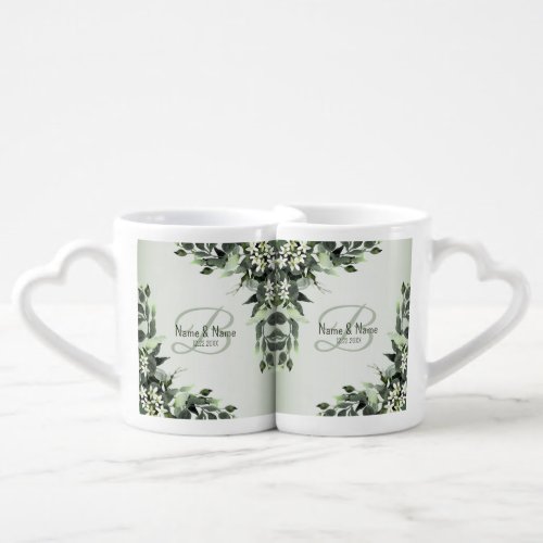 Newlywed Gift Monogram Greenery Floral Leaves Coffee Mug Set