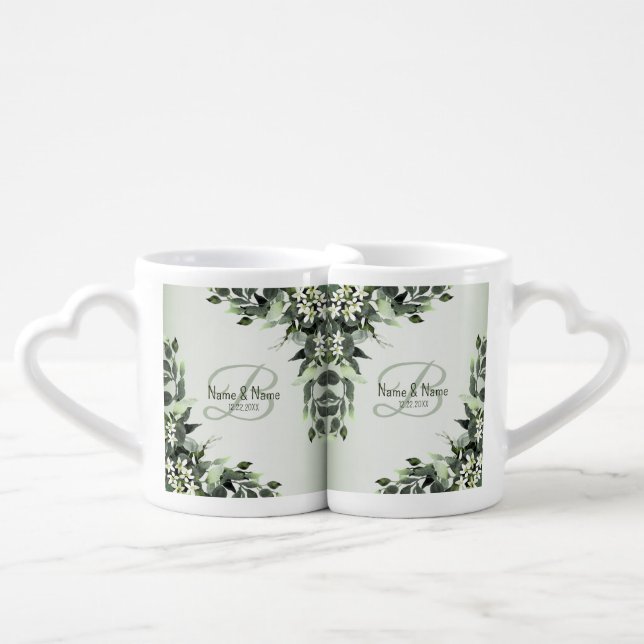 Newlywed Gift Monogram Greenery Floral Leaves Coffee Mug Set (Front Nesting)