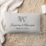 Newlywed Gift Monogram Name Chic Script Keepsake  Lumbar Pillow<br><div class="desc">Newlywed Gift Monogram Personalized Bride And Groom Names Chic Script Elegant Keepsake Lumbar Pillow. Stylish personalized pale gray with a medium gray monogram printed on the lumbar pillow front and back. Chic classic script for the monogrammed last name initial, the names of the bride and groom, and the marriage date...</div>