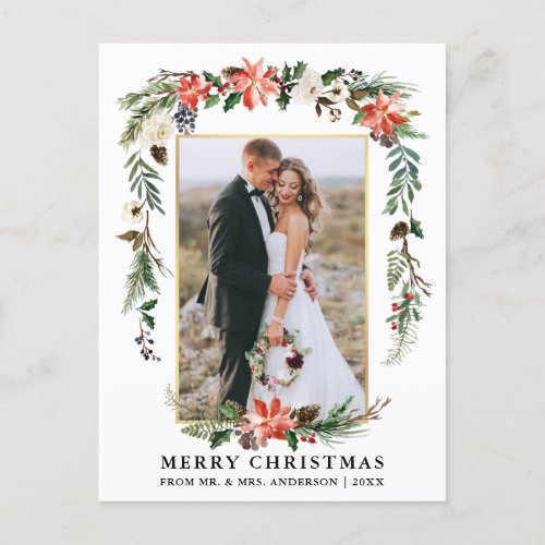 Newlywed Gold Frame Watercolor Winter Floral Postcard