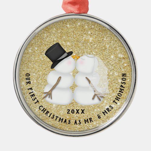 Newlywed Gold Snow Couple First Christmas Metal Ornament