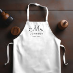Newlywed Groom Personalized White Apron<br><div class="desc">For the bride and groom,  this white apron features "Mr." in a modern script font along with a last name and established date. This is a perfect bridal shower or wedding gift. These Mr. and Mrs. aprons are available in a variety of colors.</div>