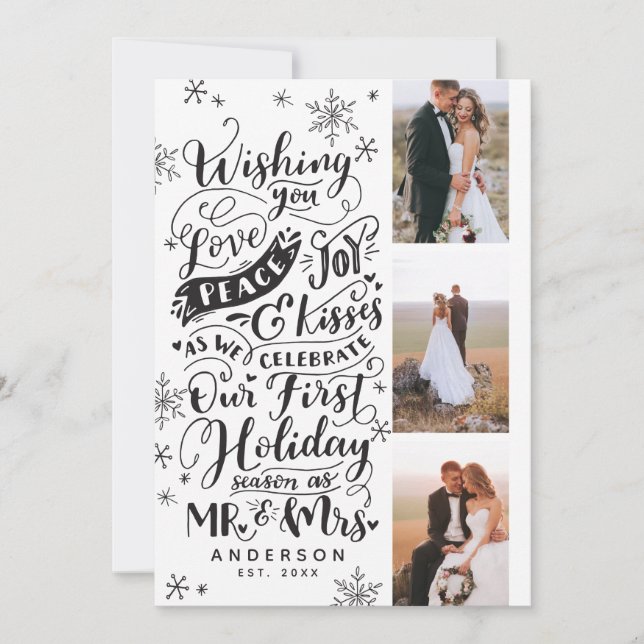 Newlywed Holiday Hand-Drawn | Black | 3-Photo Card (Front)