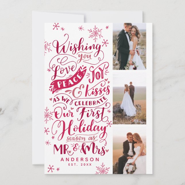 Newlywed Holiday Hand-Drawn | Red | 3-Photo Card (Front)