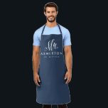 Newlywed husband Mr personalized navy blue Apron<br><div class="desc">For the newlywed,  this navy blue and white apron features "Mr." in an elegant and modern script along with a last name and "established" date. Makes a fun personalized wedding or shower gift!</div>
