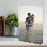 Newlywed love gold script wedding photo custom<br><div class="desc">Personalize this Love heart faux gold calligraphy script custom photo block with bride and groom's names and wedding date and place. Could be a perfect keepsake gift for the newlyweds.</div>
