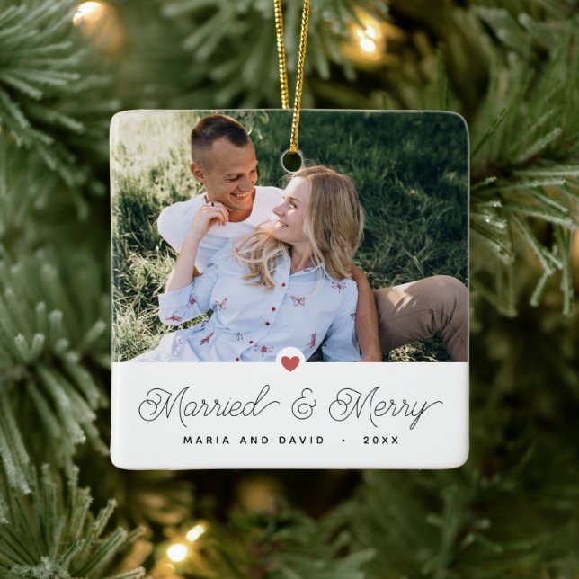 Newlywed Married and Merry 2 Photos Ceramic Ornament (Tree)