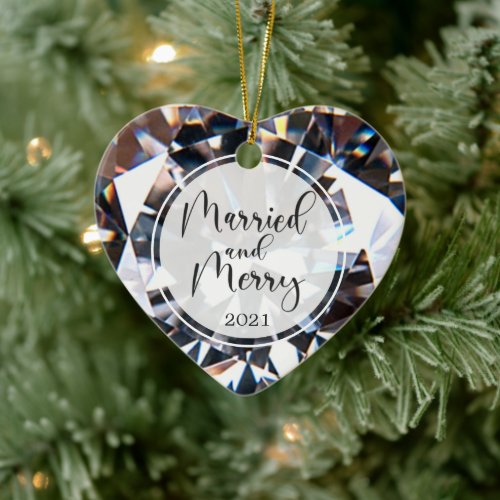 Newlywed MARRIED AND MERRY Diamond Gemstone Photo Ceramic Ornament