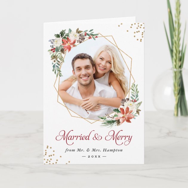 Newlywed Married And Merry Modern Geometric Photo Holiday Card