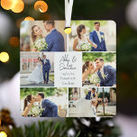 Newlywed Married Couple Photo Collage Christmas Metal Ornament<br><div class="desc">This beautiful newlywed couple keepsake metal Christmas ornament gift features a classy layout of 6 wedding photos on a white background with the married couple's names,  location,  and date. A wonderful commemorative holiday photo gift for your wife or husband to treasure forever. Add a full photograph on the back.</div>