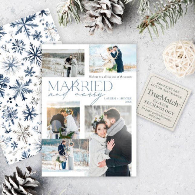 Newlywed Married & Merry Rustic Blue Photo Collage Holiday Card (Creator Uploaded)
