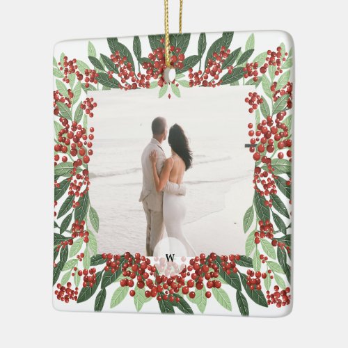 Newlywed Married Photo Monogram Christmas Frame Ceramic Ornament