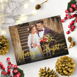 Newlywed Merry And Bright Photo Christmas Holiday Postcard<br><div class="desc">Simple cute photo Christmas card,  featuring a gold glitter handwritten font,  great for dark pictures.</div>
