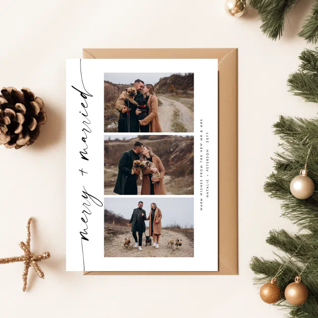 Newlywed Merry And Married First Christmas Photo Holiday Card | Zazzle