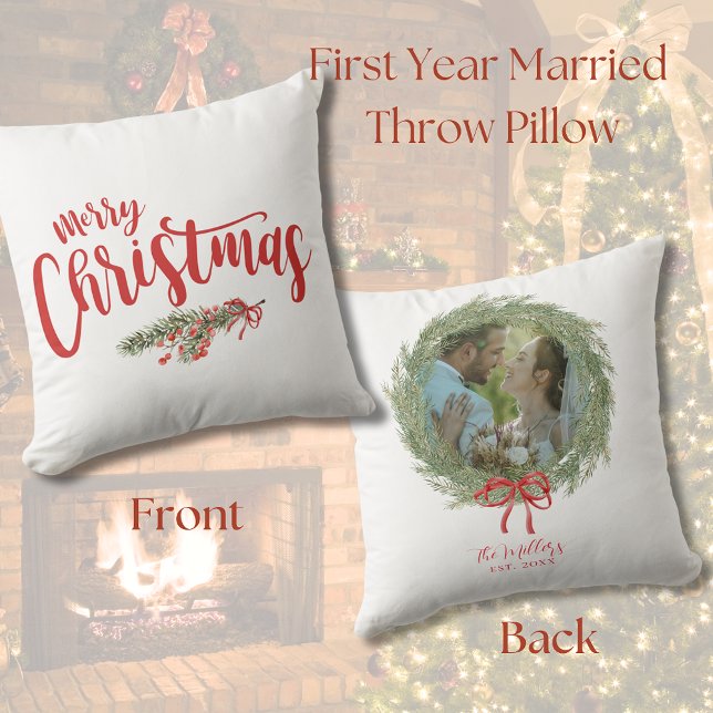 Newlywed Merry Christmas Photo Pine Wreath Throw Pillow (Newlywed Merry Christmas Photo Pine Wreath Throw Pillow)