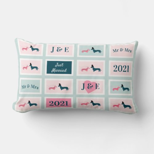 Newlywed Monogram Cute Dachshund Dog Blue Lumbar Pillow