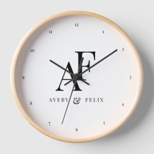 Newlywed Monogram Elegant Simple Minimalist White Clock