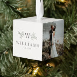 Newlywed monogram first Christmas photo ornament<br><div class="desc">This ornament features places for three photos,  plus names and date along with a monogram surrounded by rustic branches.</div>