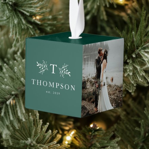 Newlywed monogram green first Christmas photo Cube Ornament