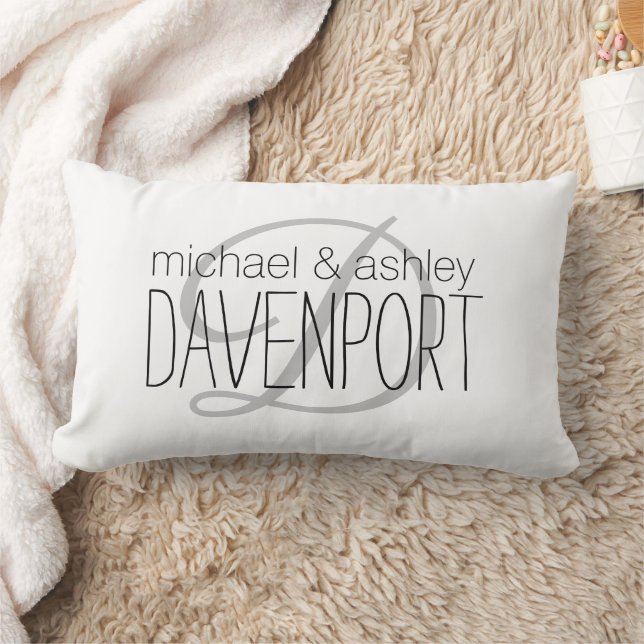 Newlywed Monogram Names Initial White Lumbar Pillow (Blanket)