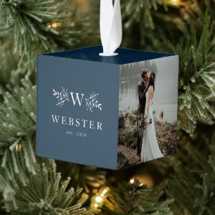Newlywed monogram navy first Christmas photo Cube Ornament