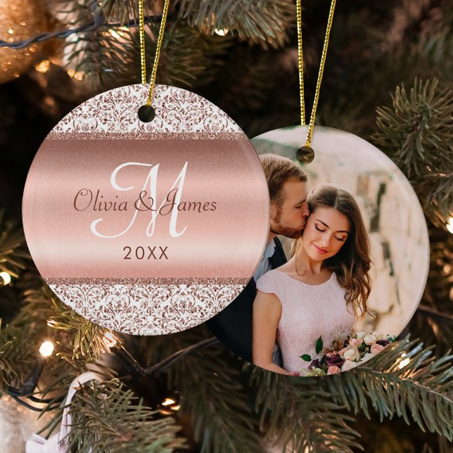 Newlywed Monogram Photo Elegant Rose Gold  Ceramic Ornament (Creator Uploaded)
